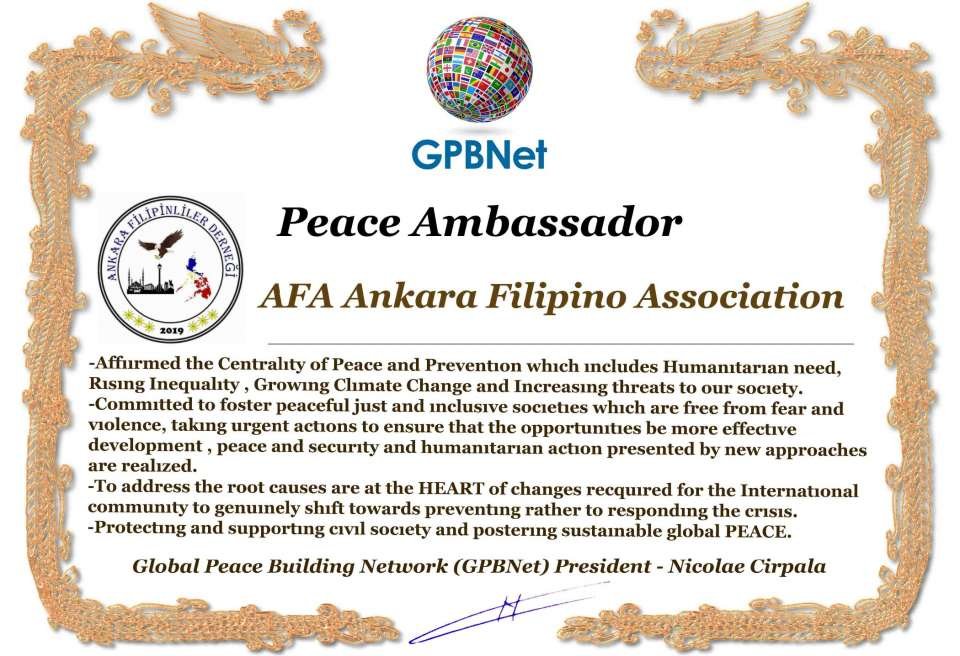 Happy Welcome to Ultimate Global Peace by 2027 campaign team & please contact for Cooperation #ForPeace #GPBNet<br />Awarded Peace Ambassador AFA Ankara Filipino Associstion<br />You too Receive Peace Ambassador Certificate to work #ForPeace Watsapp +79811308385 –GPBNet Join, Subscribe and Share #YoutubeRecommend for Cooperation, to Donate, for consultation, to invite as Guest Speakers at your online or offline events, to Volunteer, to receive marriage blessing call www.ivacademy.net