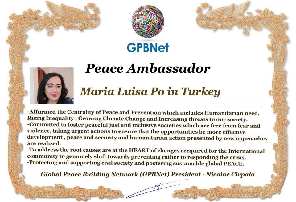 Happy Welcome to Ultimate Global Peace by 2027 campaign team & please contact for Cooperation #ForPeace #GPBNet<br />Awarded Peace Ambassador Maria Luisa Po in Turkey<br />You too Receive Peace Ambassador Certificate to work #ForPeace Watsapp +79811308385 –GPBNet Join, Subscribe and Share #YoutubeRecommend for Cooperation, to Donate, for consultation, to invite as Guest Speakers at your online or offline events, to Volunteer, to receive marriage blessing call www.ivacademy.net