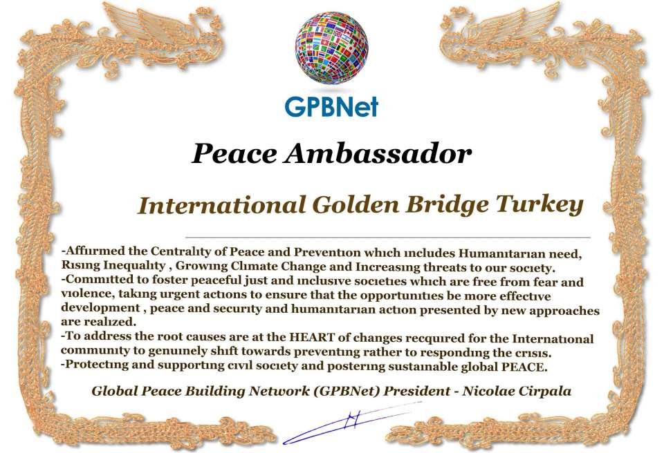 Happy Welcome to Ultimate Global Peace by 2027 campaign team & please contact for Cooperation #Peace2027 #GPBNet<br />Awarded Peace Ambassador International Golden Bridge Turkey<br />You too Receive Peace Ambassador Certificate to work #ForPeace Watsapp +79811308385 @Emb GPBNet Join, Subscribe and Share #YoutubeRecommend for Cooperation & Partnership, to Donate, for consultation, to invite as Guest Speakers at your online or offline events, to Volunteer, to receive marriage blessing call us www.ivacademy.net